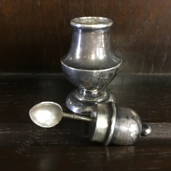 English Hallmarked Sterling Silver Snuff Canister With Small Spoon Attached To Lid, Birmingham c1891?, 48mm