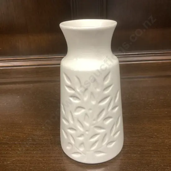 A Crown Lynn Greenstone Ceramica Vase. Impressed Leaf Design, Shape Number 2034. 17 x 9cm