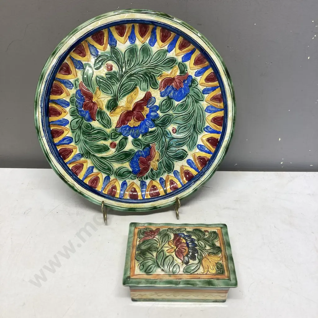 Beswick Art Pottery Hand Painted Art Deco Trinket Box 814 & Matching Plate With Scalloped Edge c1925-30 Image 1++
