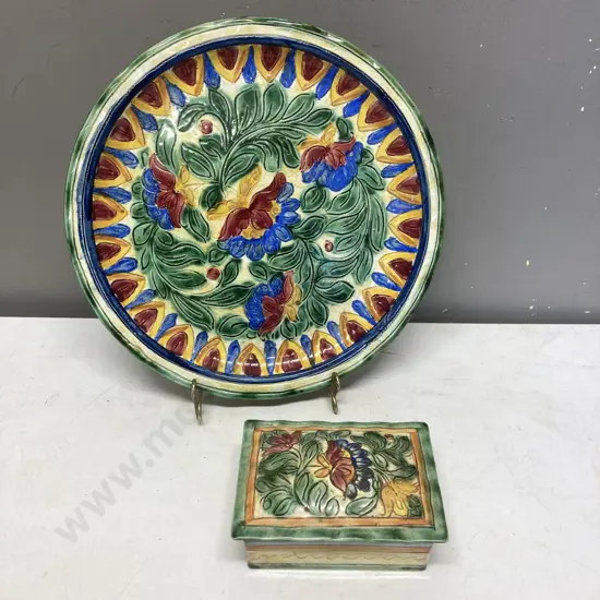 Beswick Art Pottery Hand Painted Art Deco Trinket Box 814 & Matching Plate With Scalloped Edge c1925-30