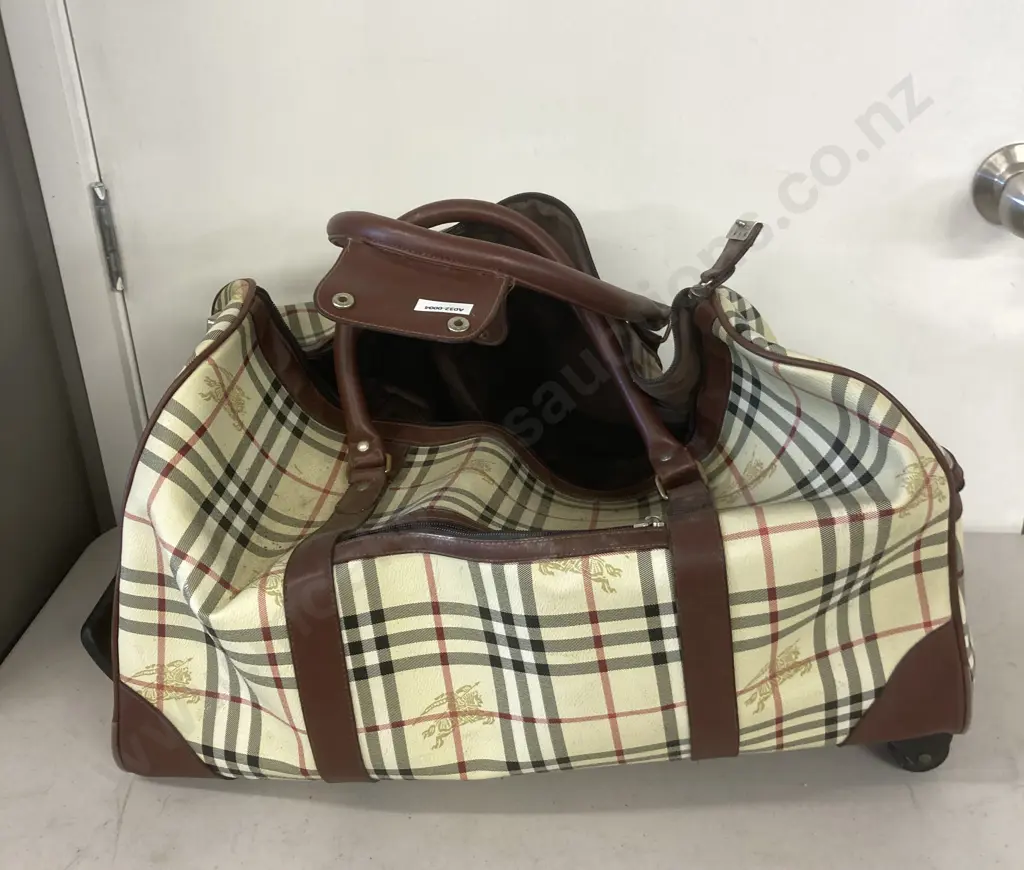 Rare Vintage Burberry Blue Label Travel Bag with Haymarket Detail & Brown Leather Trim Image 1++