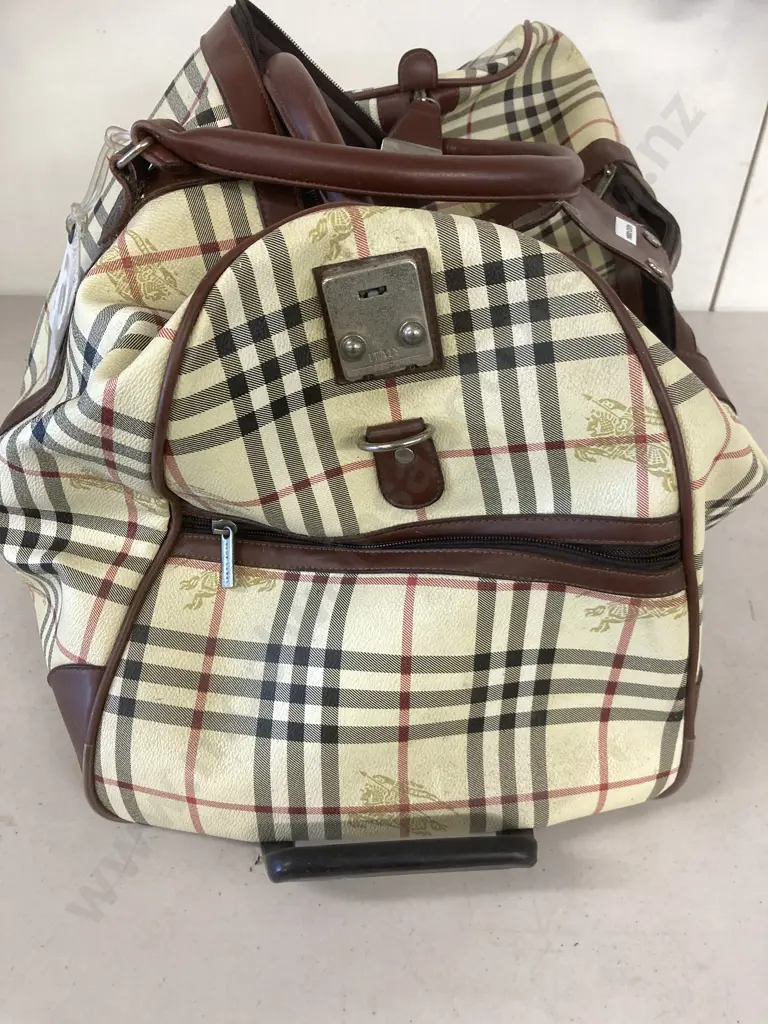 Rare Vintage Burberry Blue Label Travel Bag with Haymarket Detail & Brown Leather Trim Image 1++