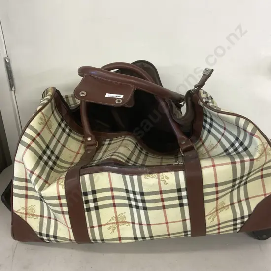 Rare Vintage Burberry Blue Label Travel Bag with Haymarket Detail & Brown Leather Trim