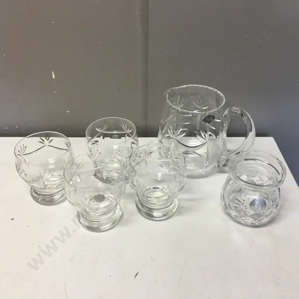 Webb Corbett Crystal Jug, Footed Glasses x4 & Jar Image 1++