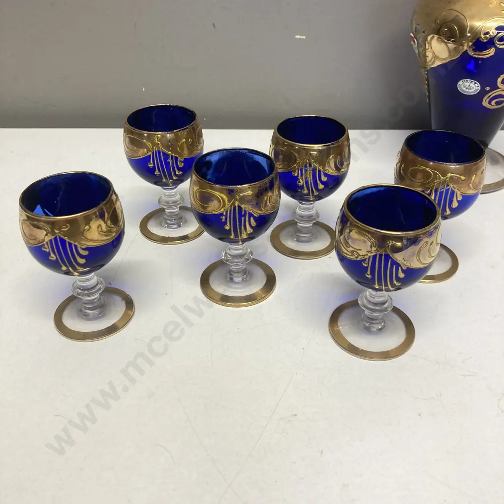 Murano Glass Cobalt Blue & Gold Hand Painted Decanter With Six Glasses Image 1++