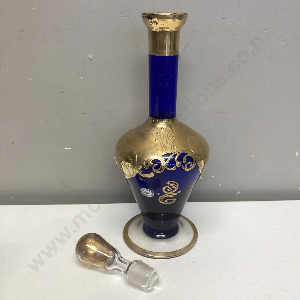 Murano Glass Cobalt Blue & Gold Hand Painted Decanter With Six Glasses Image 1++