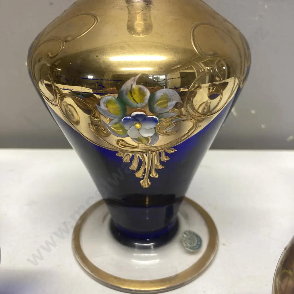Murano Glass Cobalt Blue & Gold Hand Painted Decanter With Six Glasses Image 1++