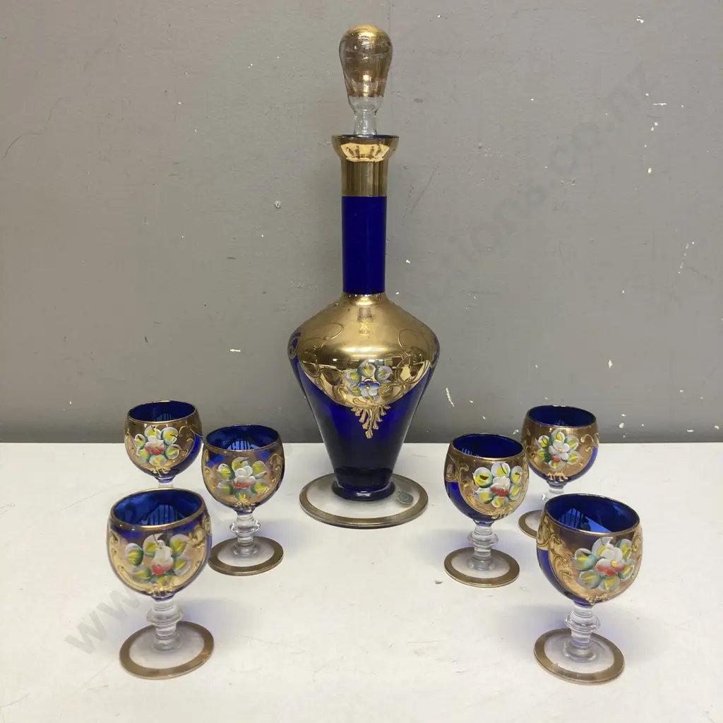 Murano Glass Cobalt Blue & Gold Hand Painted Decanter With Six Glasses Image 1++