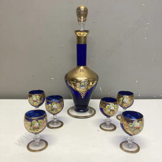 Murano Glass Cobalt Blue & Gold Hand Painted Decanter With Six Glasses