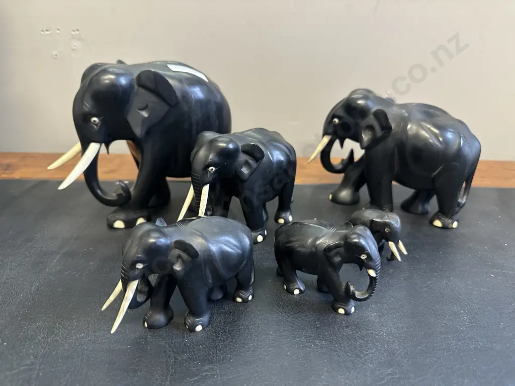 Vintage Hand Carved Ebony Elephants - Set of 6 Graduated from 13cm to 3.5cm Image 1++