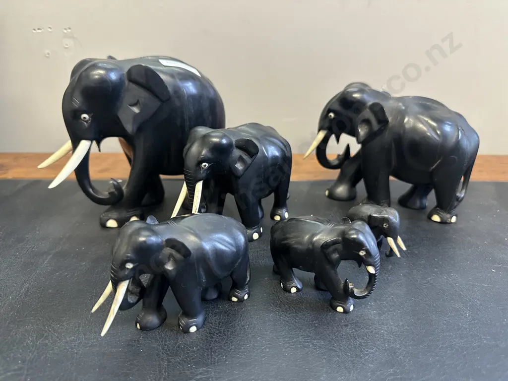Vintage Hand Carved Ebony Elephants - Set of 6 Graduated from 13cm to 3.5cm Image 1++