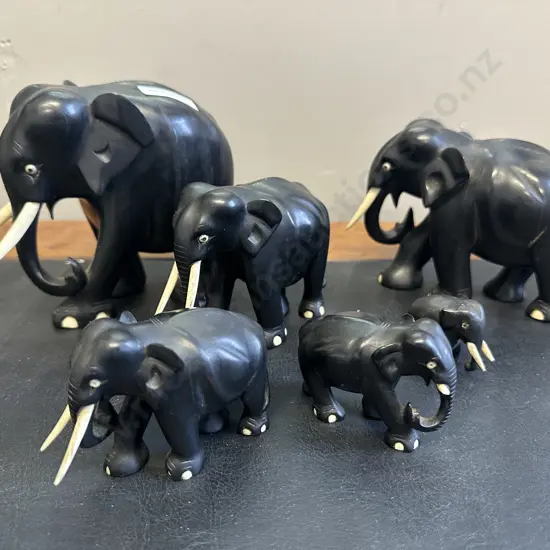Vintage Hand Carved Ebony Elephants - Set of 6 Graduated from 13cm to 3.5cm