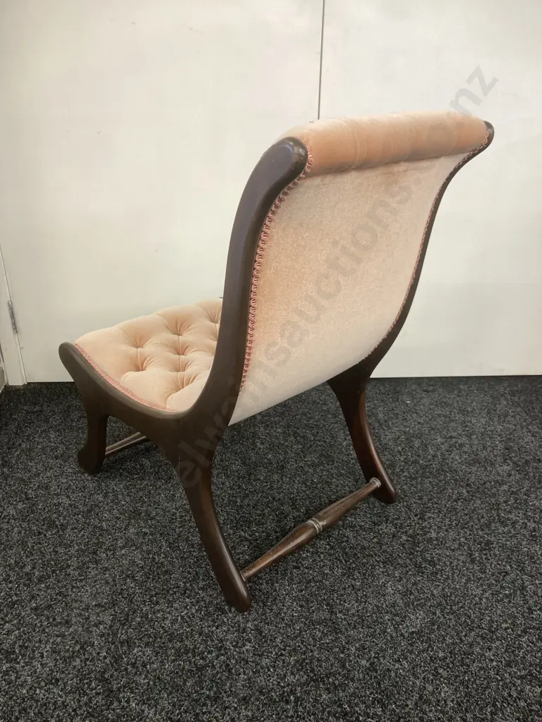 Mahogany Slipper Chair, Queen Anne Style Salmon Colour Draylon Button Back Image 1++