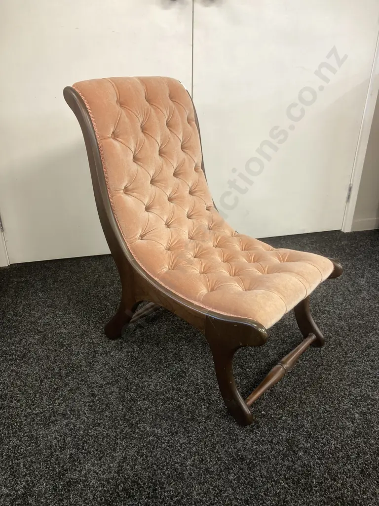 Mahogany Slipper Chair, Queen Anne Style Salmon Colour Draylon Button Back Image 1++