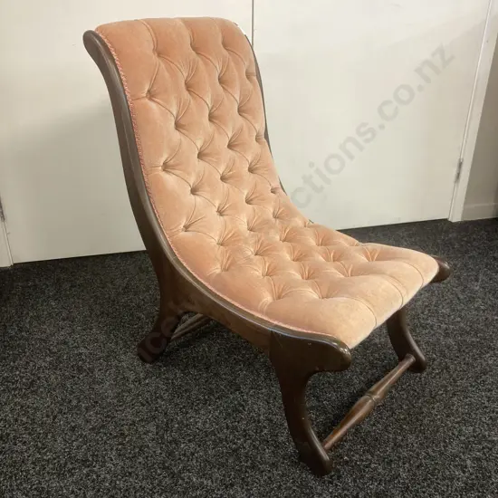Mahogany Slipper Chair, Queen Anne Style Salmon Colour Draylon Button Back