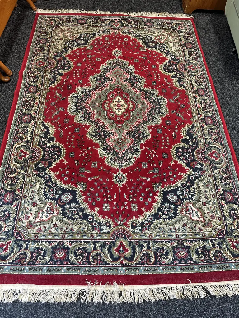 Saba Baft Kashan Ind Co Iranian Persian Floor Rug, Red / Navy / Green Tones. 234 x 150cm Image 1++