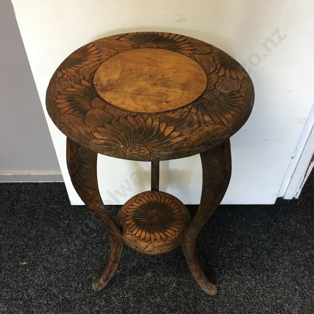 Antique Hand Carved Round Side Table (as found) Tri Legged Two Tier H73,Diam40cm. Image 1++