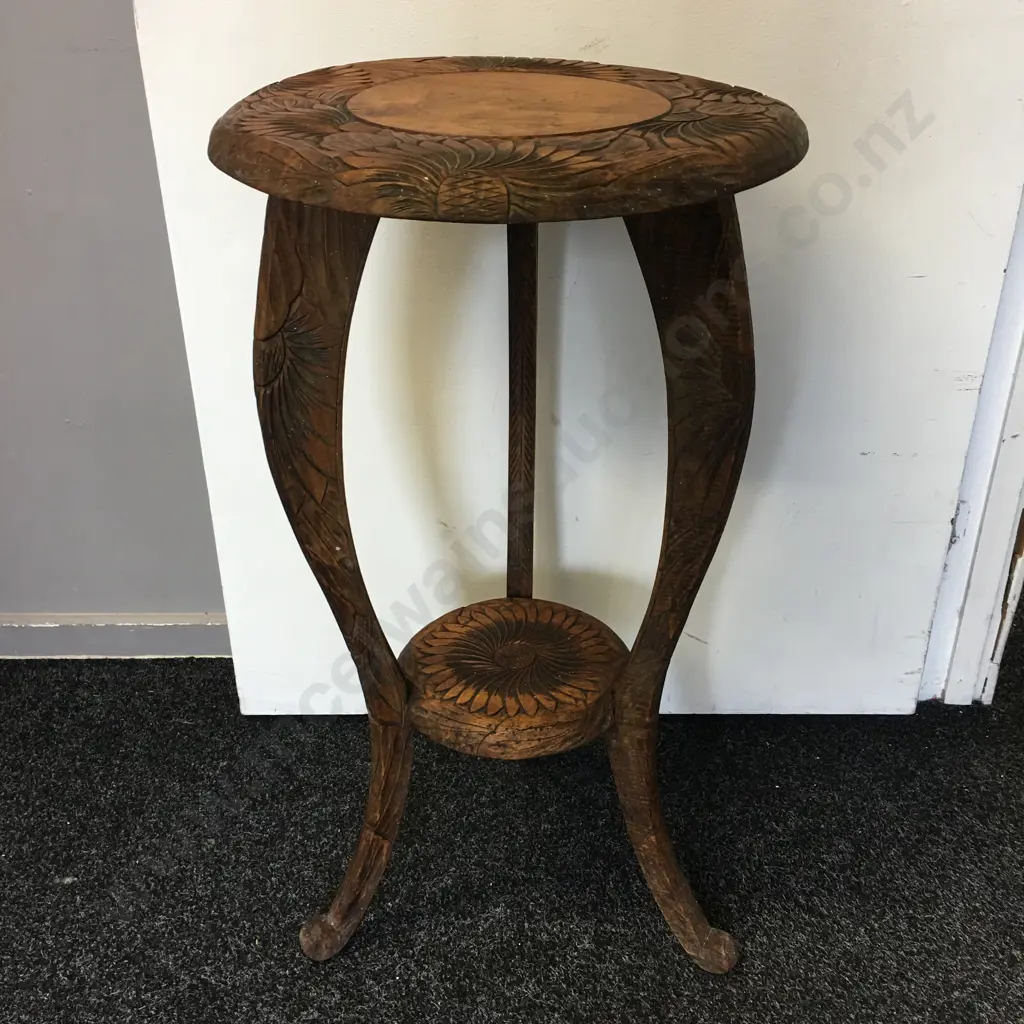 Antique Hand Carved Round Side Table (as found) Tri Legged Two Tier H73,Diam40cm. Image 1++