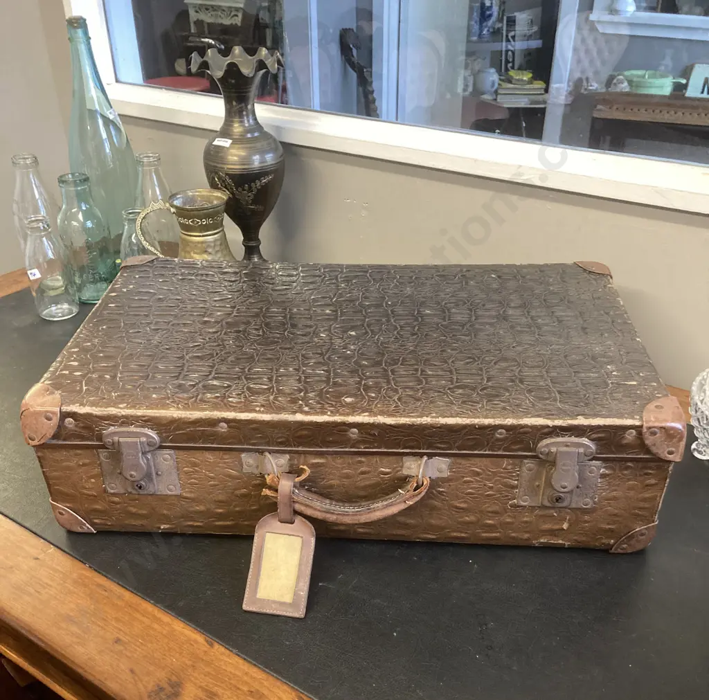 Vintage Early 20thCentury Faux Crocodile Skin Suitcase, Pressed Board, Leather Handle, Reinforced Corners. H16 W60 D36cm Image 1++
