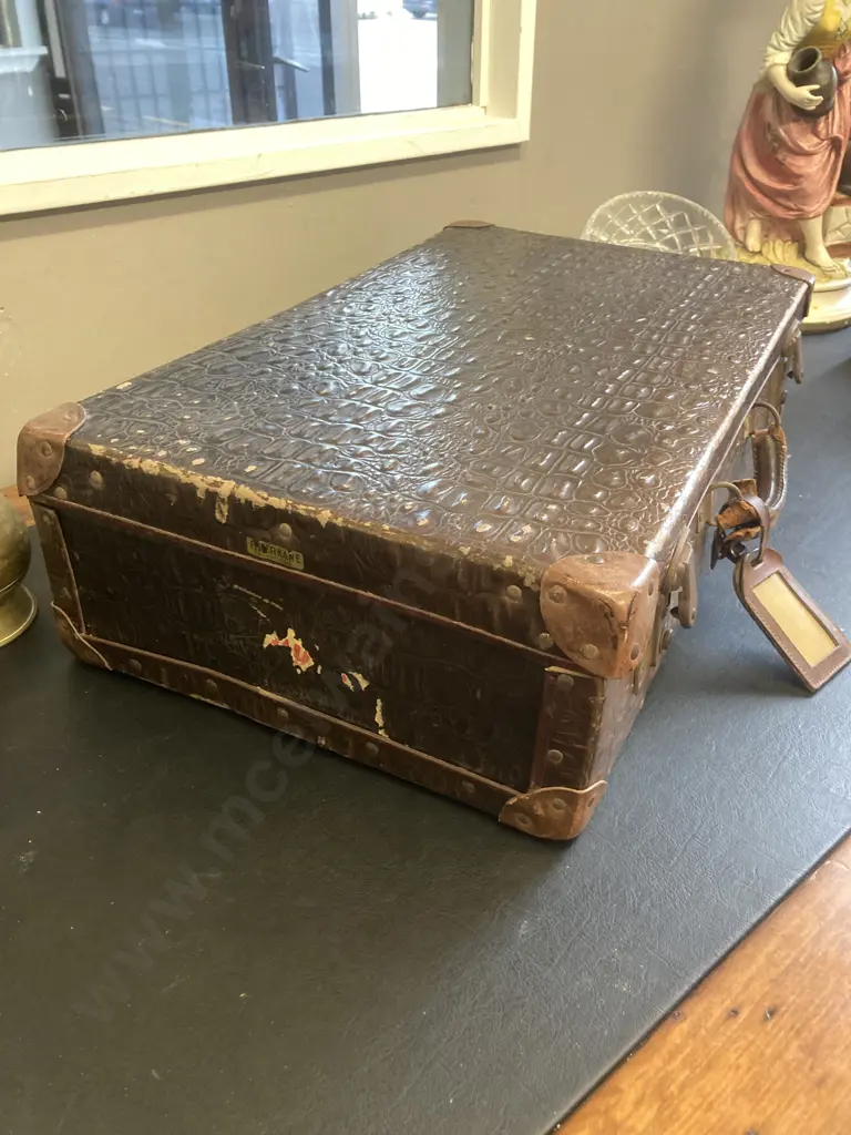 Vintage Early 20thCentury Faux Crocodile Skin Suitcase, Pressed Board, Leather Handle, Reinforced Corners. H16 W60 D36cm Image 1++