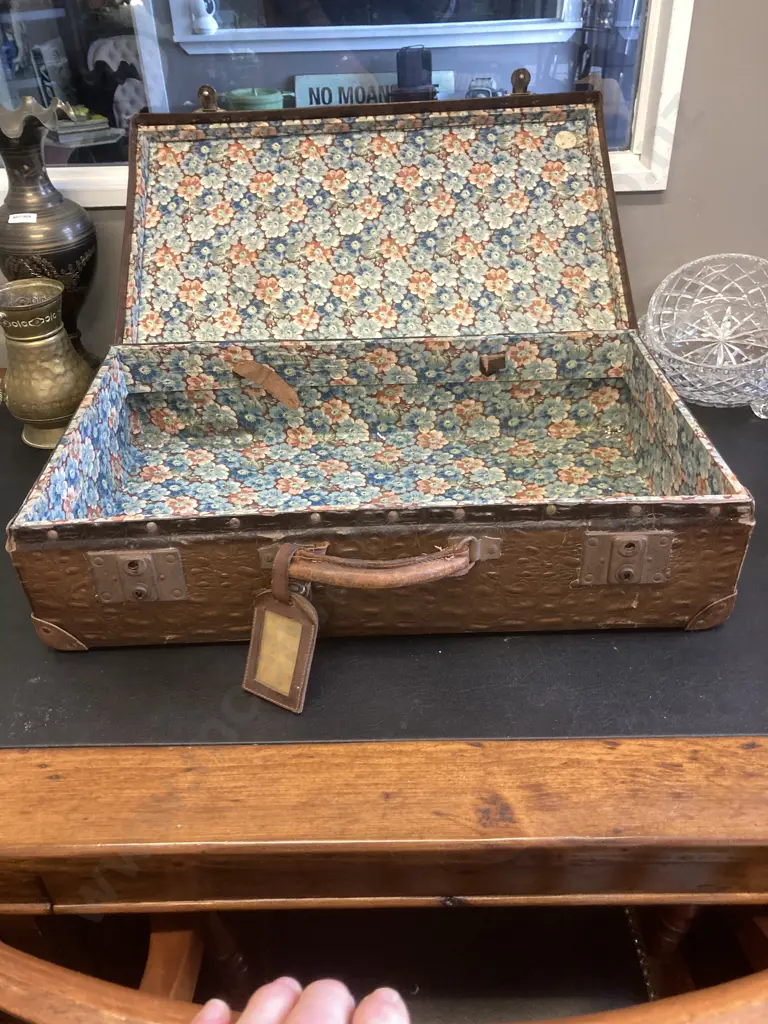 Vintage Early 20thCentury Faux Crocodile Skin Suitcase, Pressed Board, Leather Handle, Reinforced Corners. H16 W60 D36cm Image 1++
