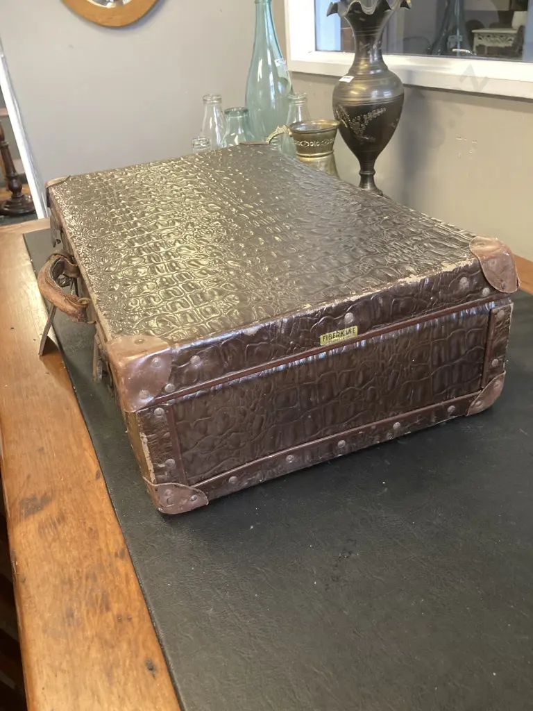 Vintage Early 20thCentury Faux Crocodile Skin Suitcase, Pressed Board, Leather Handle, Reinforced Corners. H16 W60 D36cm Image 1++