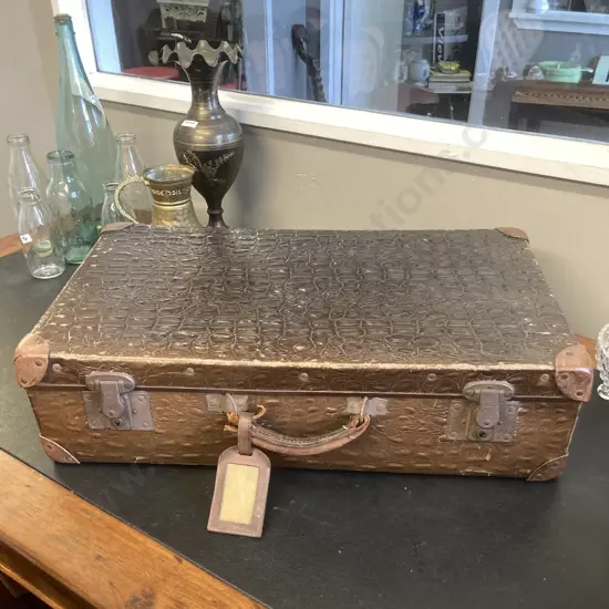 Vintage Early 20thCentury Faux Crocodile Skin Suitcase, Pressed Board, Leather Handle, Reinforced Corners. H16 W60 D36cm