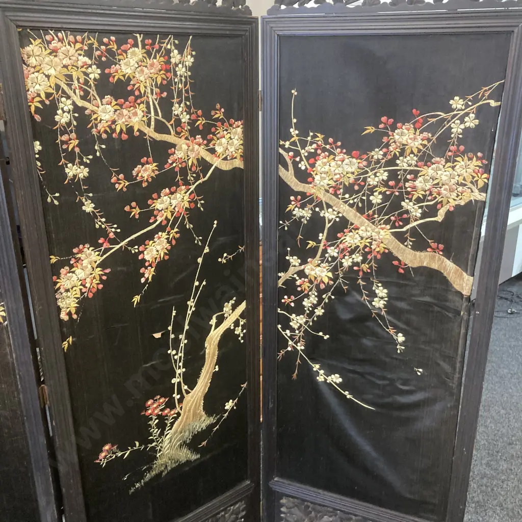 Late 19th Century Japanese? Four-fold Room Screen, Hand Embroidered Silk Panels & Carved. 1.83 x 2.5 (As Found) Image 1++
