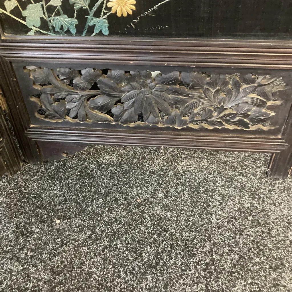 Late 19th Century Japanese? Four-fold Room Screen, Hand Embroidered Silk Panels & Carved. 1.83 x 2.5 (As Found) Image 1++