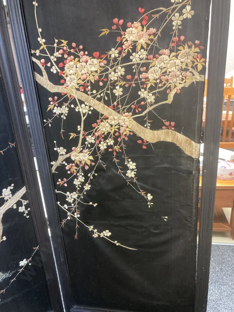 Late 19th Century Japanese? Four-fold Room Screen, Hand Embroidered Silk Panels & Carved. 1.83 x 2.5 (As Found) Image 1++