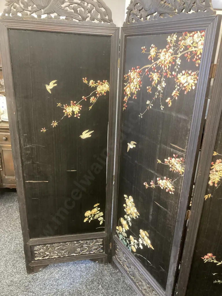 Late 19th Century Japanese? Four-fold Room Screen, Hand Embroidered Silk Panels & Carved. 1.83 x 2.5 (As Found) Image 1++