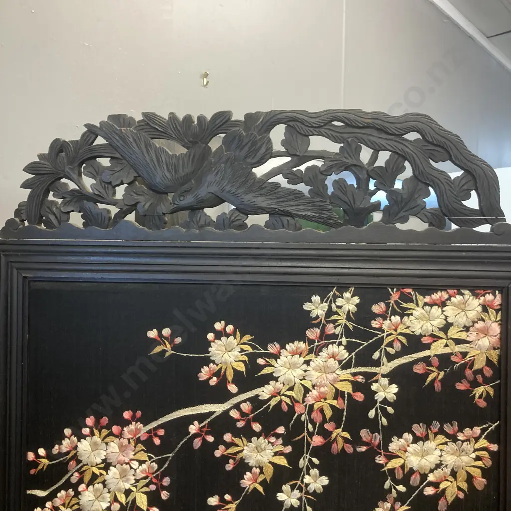 Late 19th Century Japanese? Four-fold Room Screen, Hand Embroidered Silk Panels & Carved. 1.83 x 2.5 (As Found) Image 1++