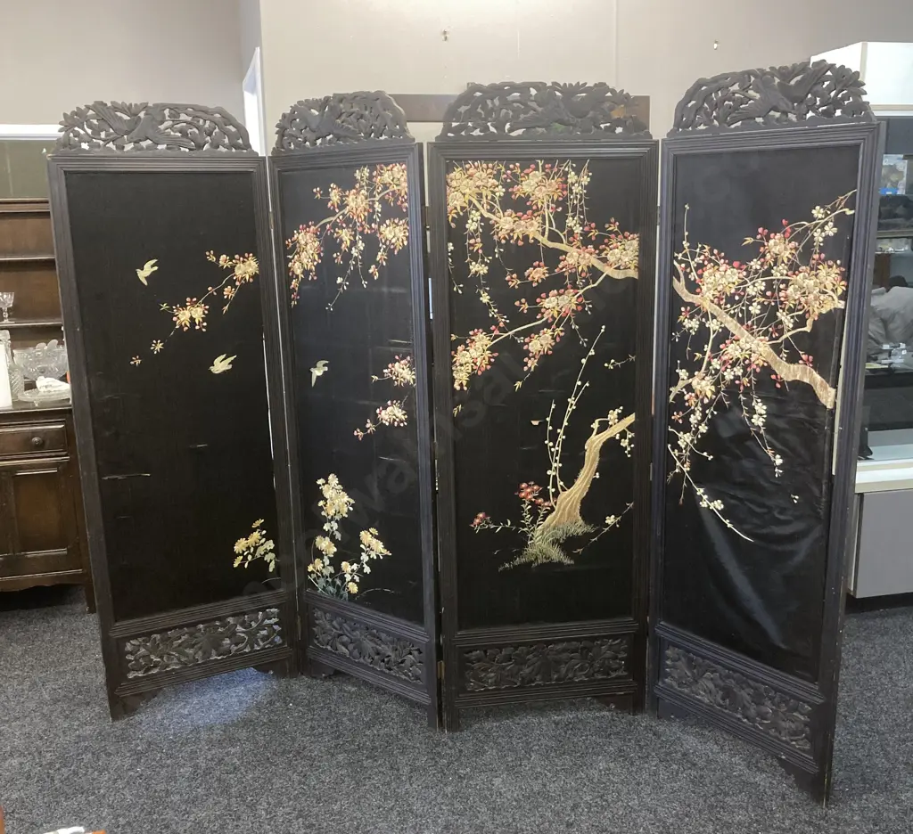 Late 19th Century Japanese? Four-fold Room Screen, Hand Embroidered Silk Panels & Carved. 1.83 x 2.5 (As Found) Image 1++