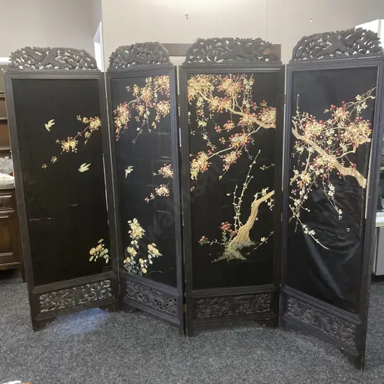 Late 19th Century Japanese? Four-fold Room Screen, Hand Embroidered Silk Panels & Carved. 1.83 x 2.5 (As Found)