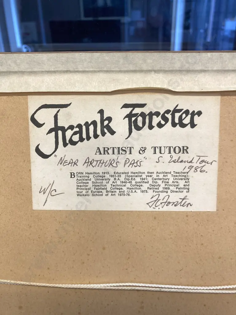 Frank Forster Watercolour "Near Arthur's Pass" Signed & Singed Bio On Back. 43 x 53cm Glazed Framed Image 1++
