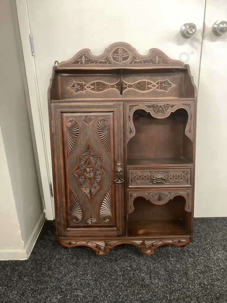 Art Nouveau Wall Mounted Cabinet, Heavily Carved, Single Door & Drawer With Metal Handles. H102 W63 D18cm Image 1++