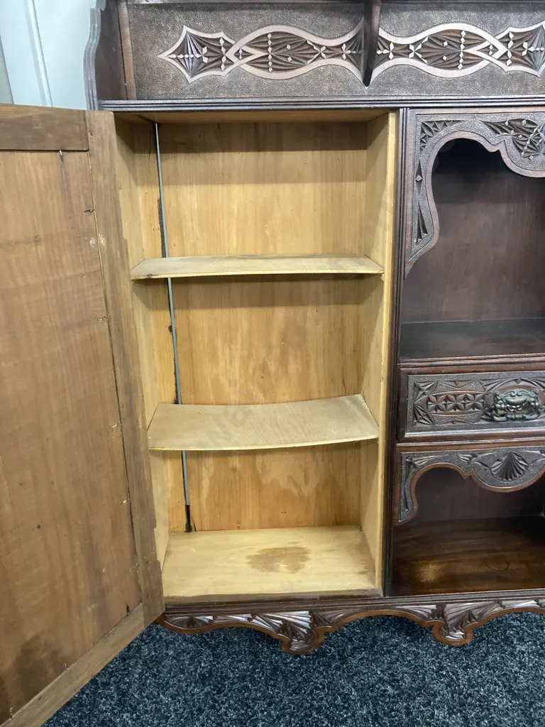 Art Nouveau Wall Mounted Cabinet, Heavily Carved, Single Door & Drawer With Metal Handles. H102 W63 D18cm Image 1++