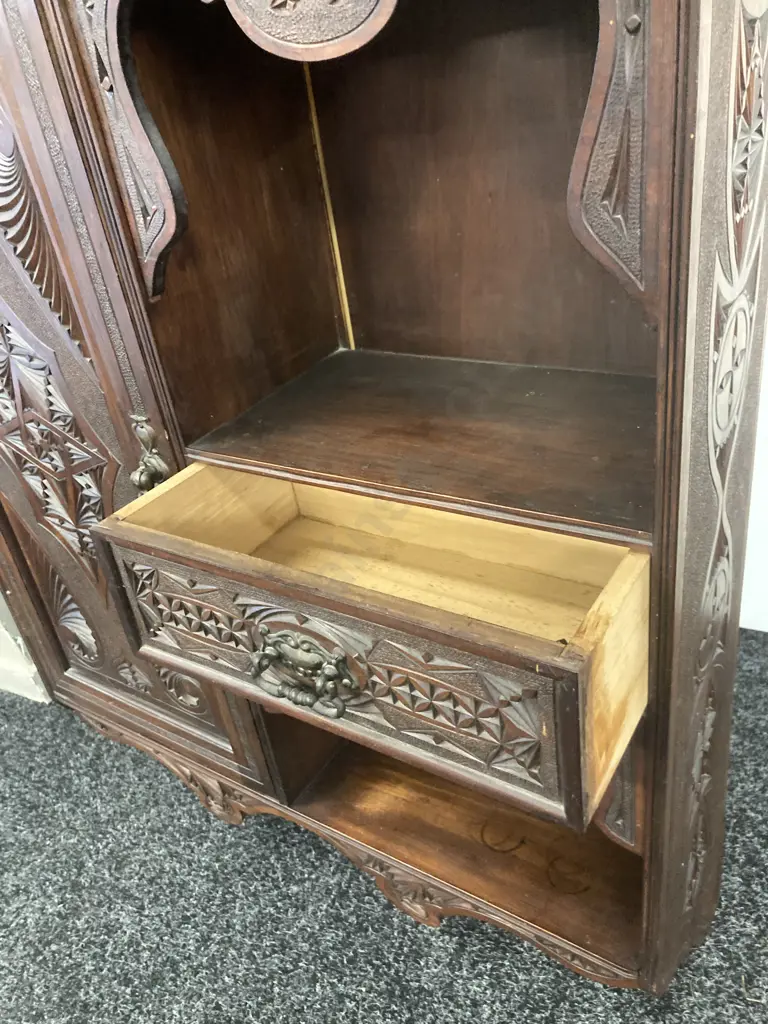 Art Nouveau Wall Mounted Cabinet, Heavily Carved, Single Door & Drawer With Metal Handles. H102 W63 D18cm Image 1++