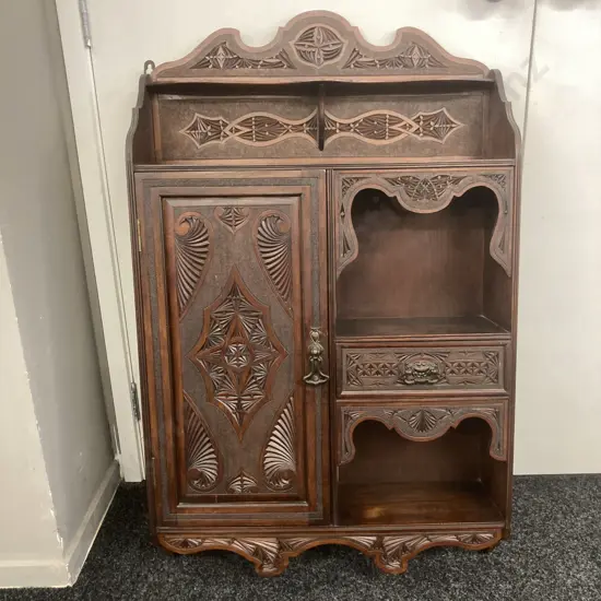 Art Nouveau Wall Mounted Cabinet, Heavily Carved, Single Door & Drawer With Metal Handles. H102 W63 D18cm