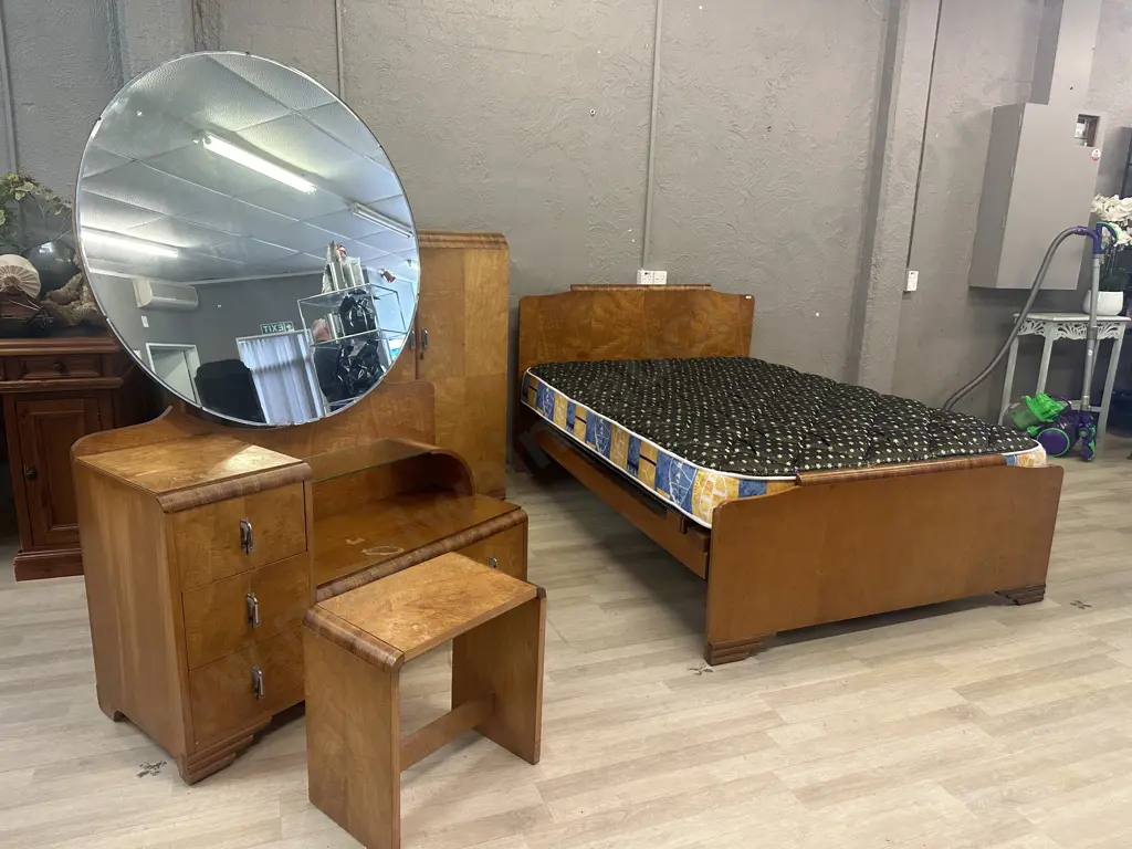 Stunning Art Nouveau Nelson Beech Wood Bedroom Suite c1910 - Bed, Manrobe, Dressing Table & Stool Image 1++