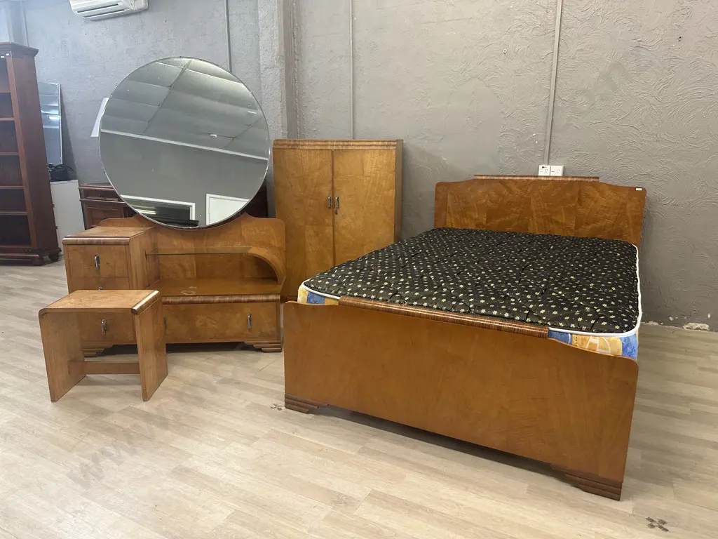 Stunning Art Nouveau Nelson Beech Wood Bedroom Suite c1910 - Bed, Manrobe, Dressing Table & Stool Image 1++