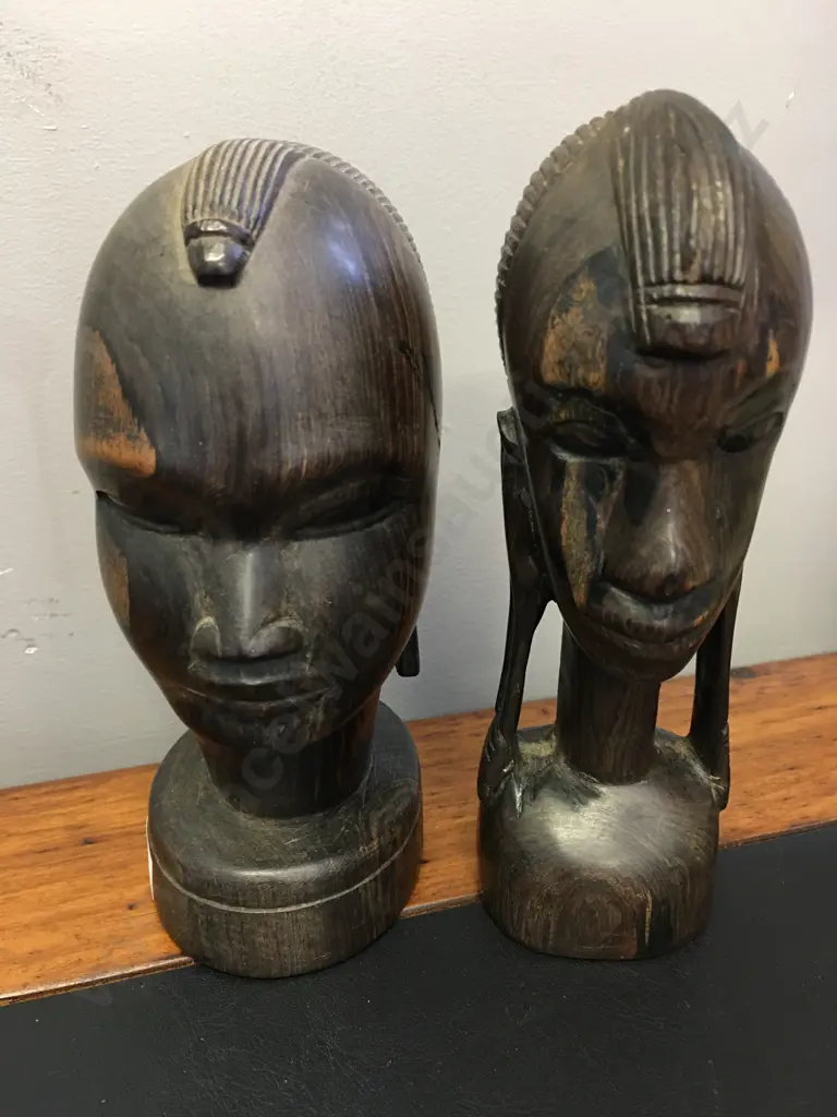 Pair of Large Heavy African Ebony Busts. 20 x 13 & 21 x 13cm Image 1++