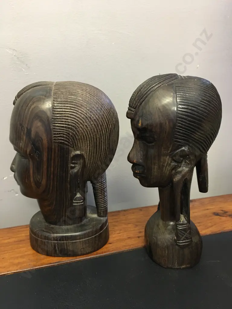 Pair of Large Heavy African Ebony Busts. 20 x 13 & 21 x 13cm Image 1++