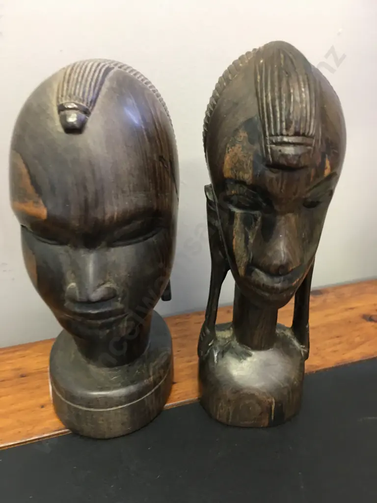 Pair of Large Heavy African Ebony Busts. 20 x 13 & 21 x 13cm Image 1++