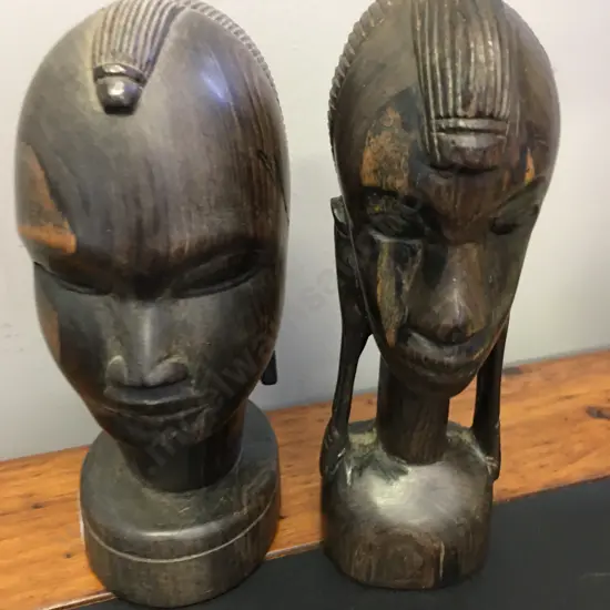 Pair of Large Heavy African Ebony Busts. 20 x 13 & 21 x 13cm