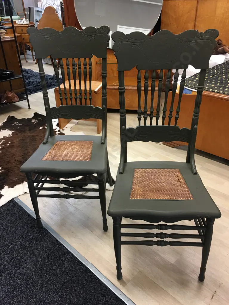 Pair Of Antique Painted Green Dining Chairs Spindle Spindle Back Cane Fill   Image 1++