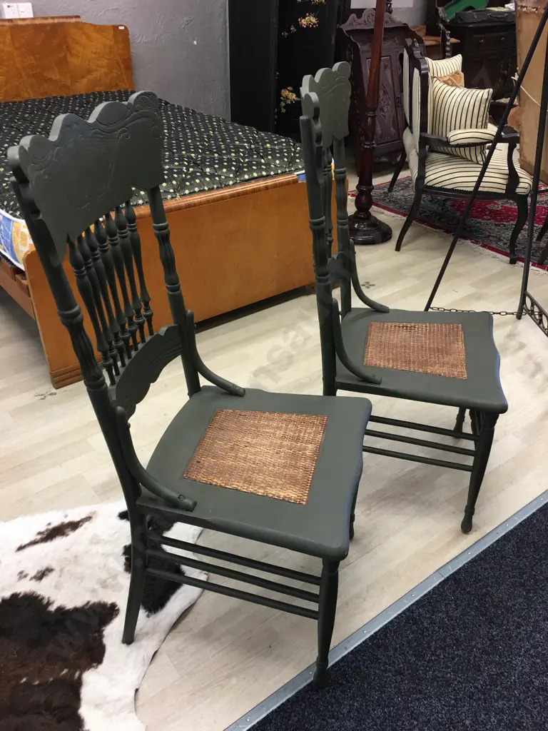 Pair Of Antique Painted Green Dining Chairs Spindle Spindle Back Cane Fill   Image 1++