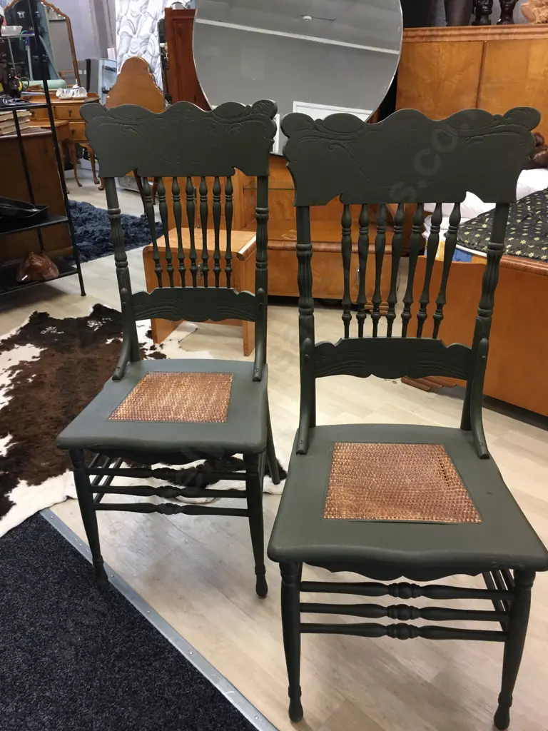 Pair Of Antique Painted Green Dining Chairs Spindle Spindle Back Cane Fill   Image 1++
