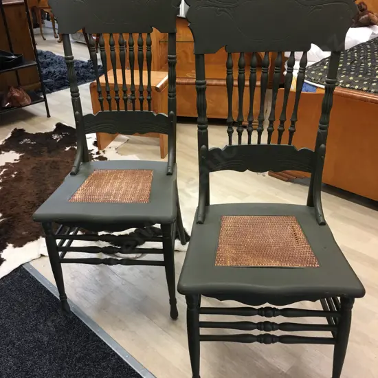 Pair Of Antique Painted Green Dining Chairs Spindle Spindle Back Cane Fill  