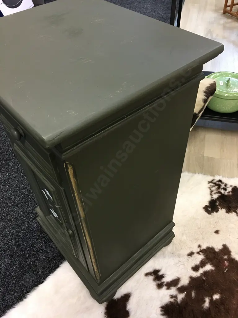 Country Corner Design Storage Cabinet Painted Green With Floral Detail Single Door Single Drawer H71,W41,D34.5cm. Image 1++